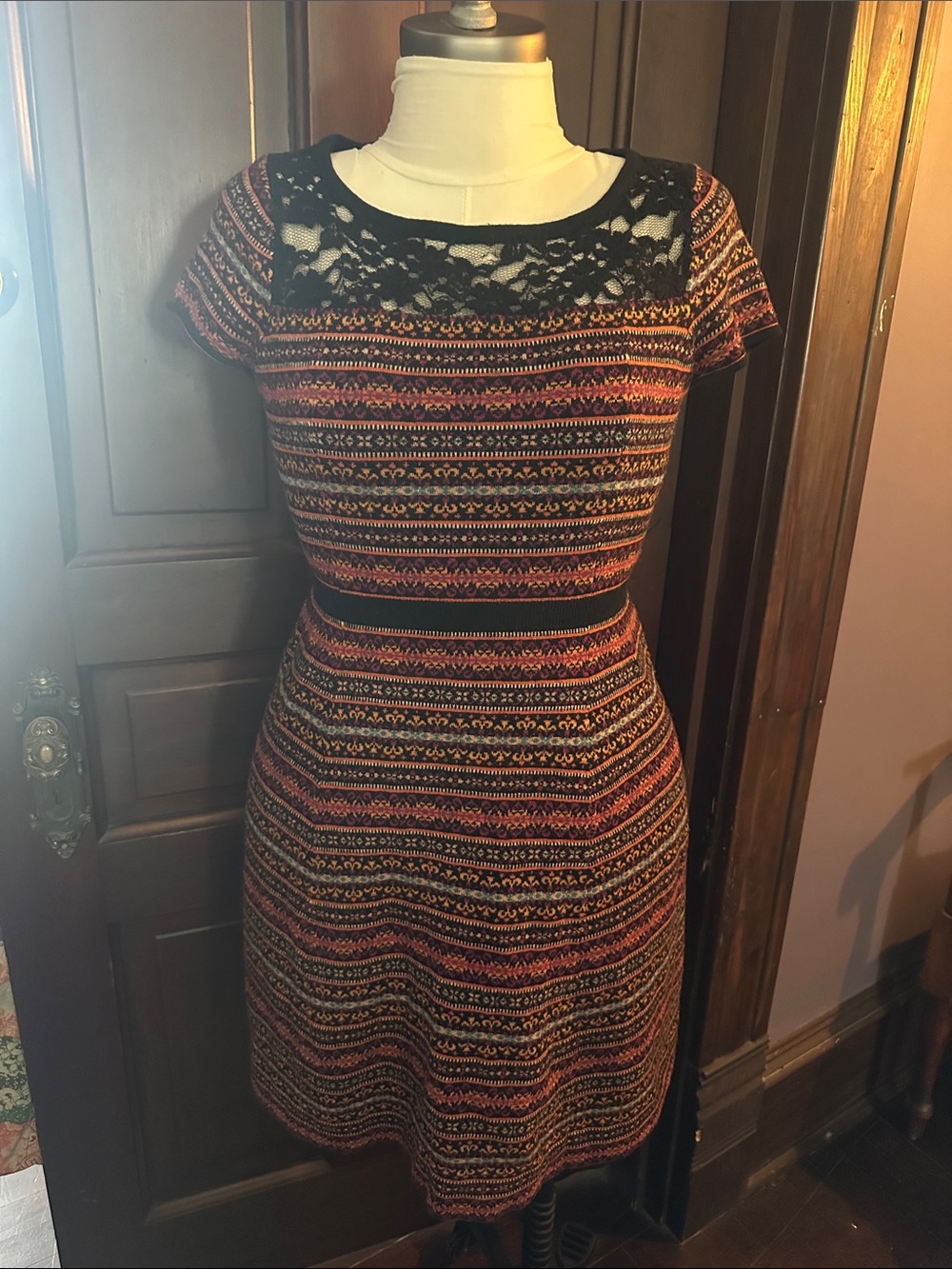 sparrow Black Lace Yoke Fit-and-Flare Dress with Red and Gold Multicolor Knit